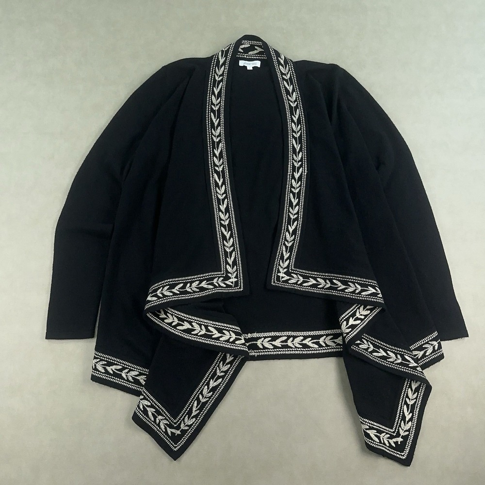 Johnny Was Wool Cashmere Open Front Draped Cardigan Black White Size Small